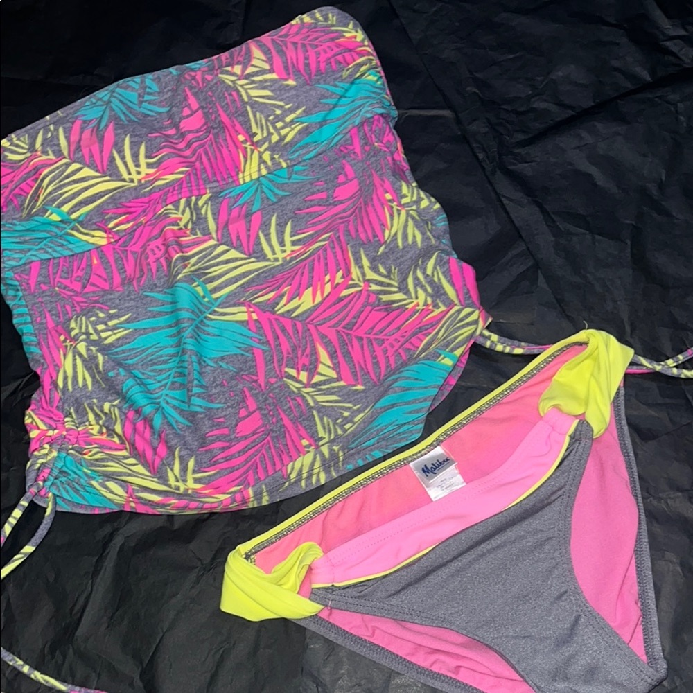 Malibu Vibrant Pink and Gray Bikini Bottom with Yellow Accents